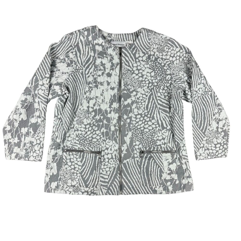 Alfred Dunner Jacket Women's 8 Gray White Abstract Full Zip Long Sleeve Pockets